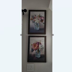 2 Signed Framed Behind Glass Art Print Prints Roses Flowers in Blue Mason Jar